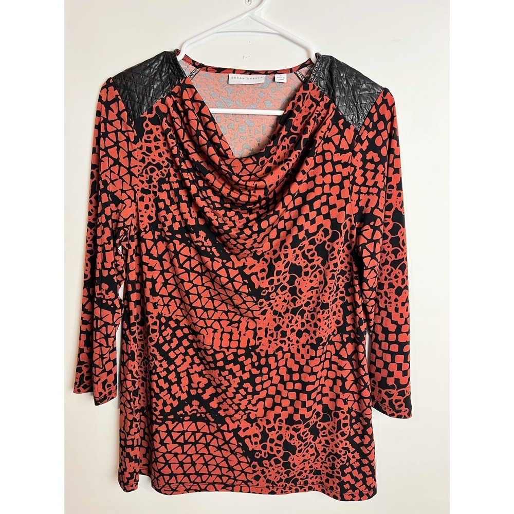 Susan Graver Cowl Neck‎ Top Size Small Faux Leather Patch Orange Black
